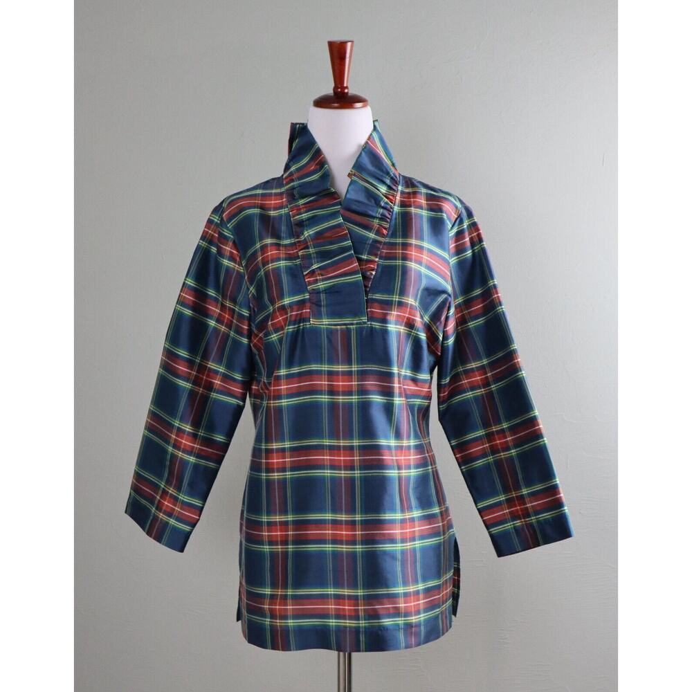 Plaid Tunic Blouse with Structured Collar - Navy & Red